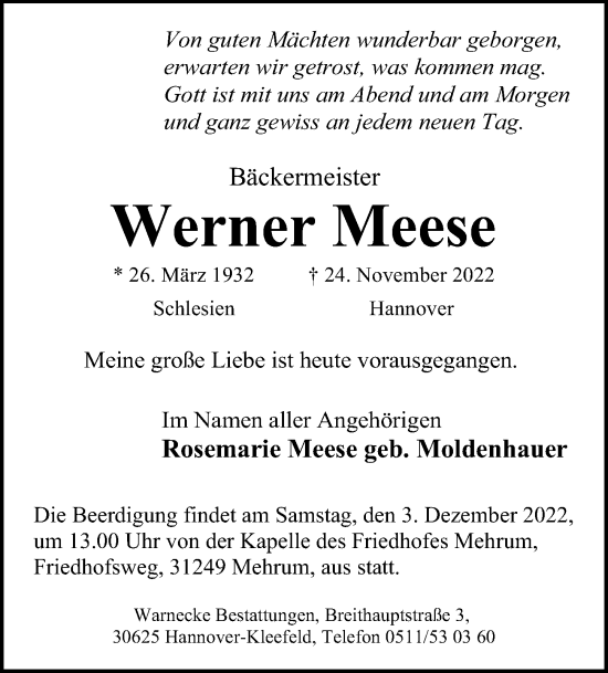 Traueranzeige von Werner Meese von Hannoversche Allgemeine Zeitung/Neue Presse