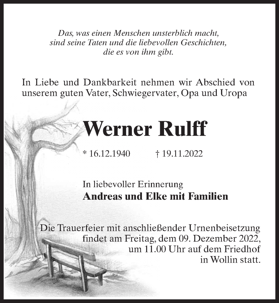  Traueranzeige für Werner Rulff vom 26.11.2022 aus Märkischen Allgemeine Zeitung