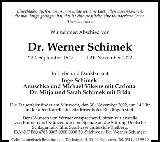 Traueranzeige von Werner Schimek von Hannoversche Allgemeine Zeitung/Neue Presse