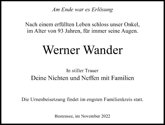 Traueranzeige von Werner Wander von Märkischen Allgemeine Zeitung