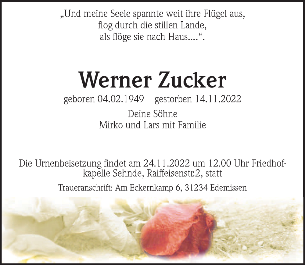  Traueranzeige für Werner Zucker vom 19.11.2022 aus Peiner Allgemeine Zeitung