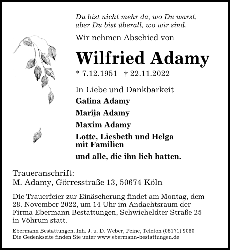  Traueranzeige für Wilfried Adamy vom 25.11.2022 aus Peiner Allgemeine Zeitung