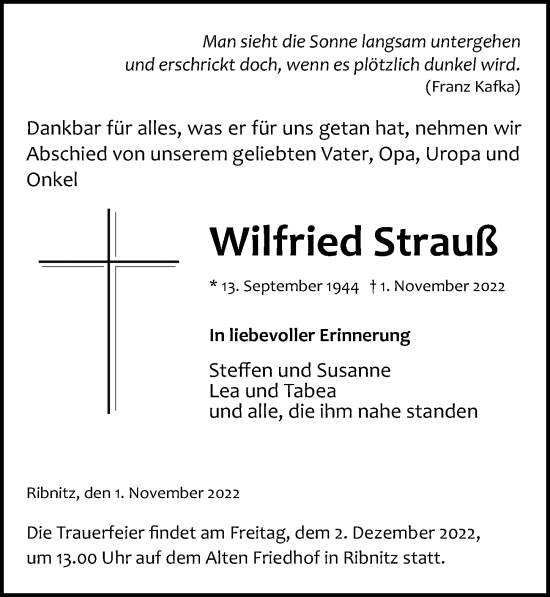 Traueranzeige von Wilfried Strauß von Ostsee-Zeitung GmbH