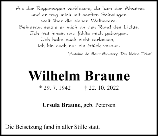 Traueranzeige von Wilhelm Braune von Kieler Nachrichten