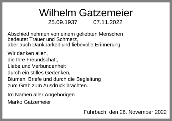 Traueranzeige von Wilhelm Gatzemeier von Eichsfelder Tageblatt