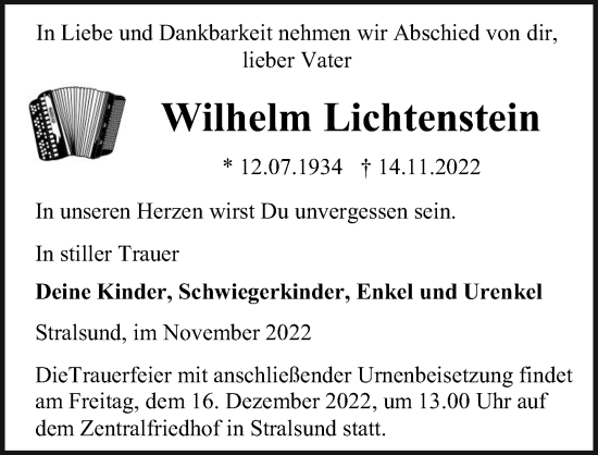 Traueranzeige von Wilhelm Lichtenstein von Ostsee-Zeitung GmbH