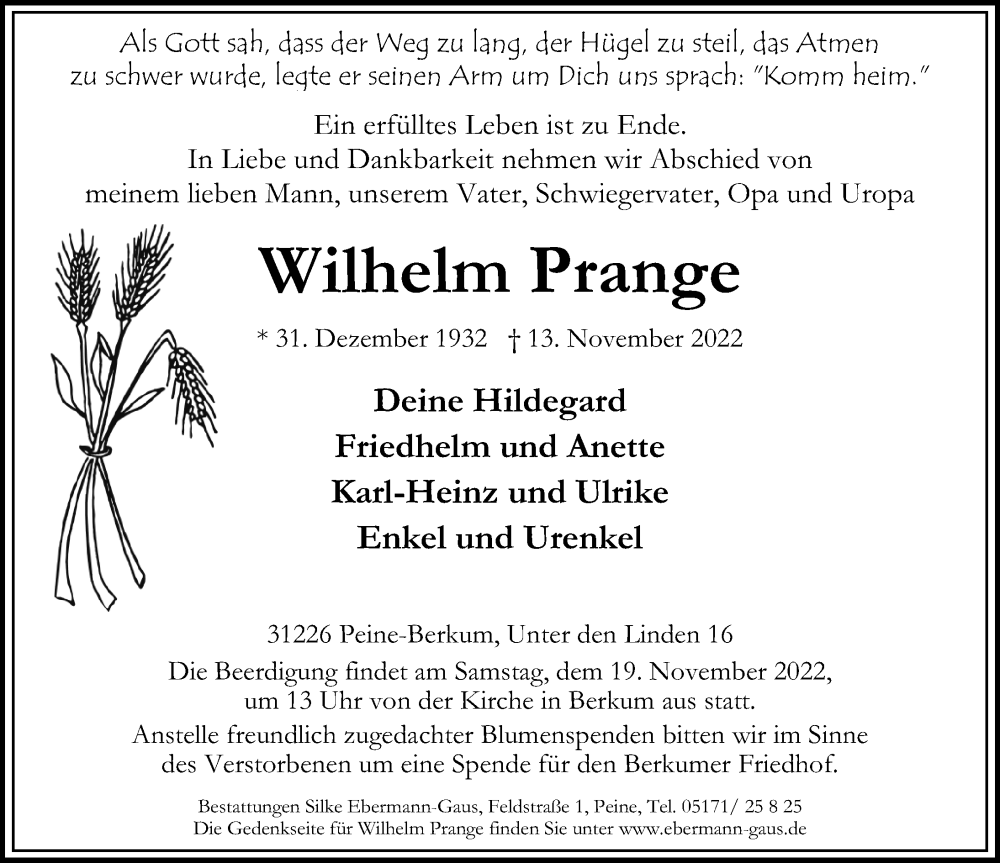  Traueranzeige für Wilhelm Prange vom 16.11.2022 aus Peiner Allgemeine Zeitung