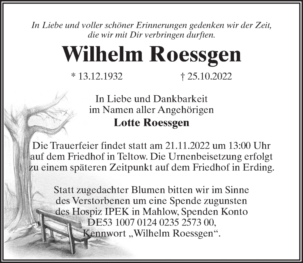 Traueranzeige für Wilhelm Roessgen vom 05.11.2022 aus Märkischen Allgemeine Zeitung