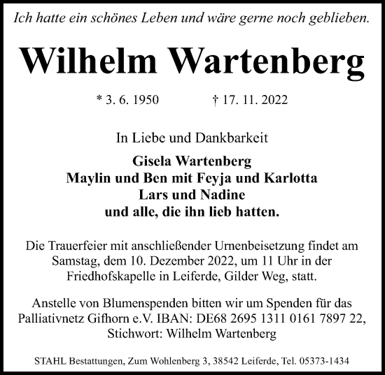 Traueranzeige von Wilhelm Wartenberg von Aller Zeitung