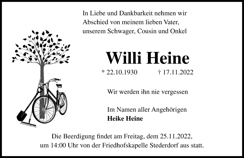  Traueranzeige für Willi Heine vom 19.11.2022 aus Peiner Allgemeine Zeitung