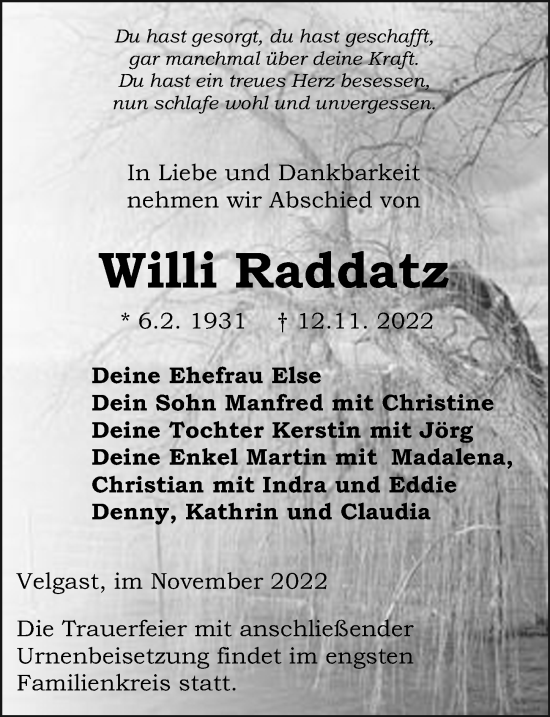Traueranzeige von Willi Raddatz von Ostsee-Zeitung GmbH