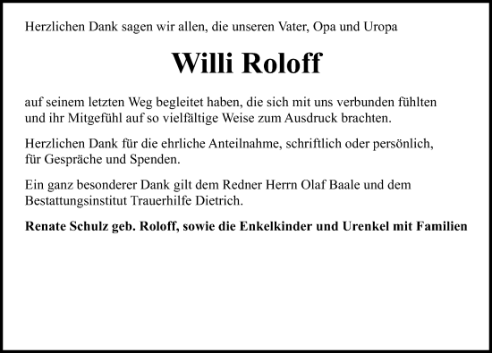 Traueranzeige von Willi Roloff von Ostsee-Zeitung GmbH