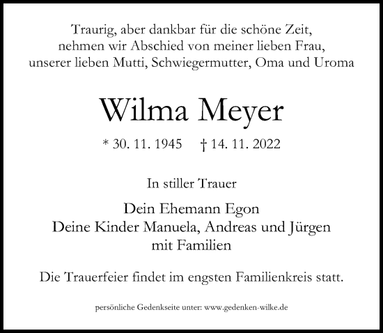 Traueranzeige von Wilma Meyer von Märkischen Allgemeine Zeitung