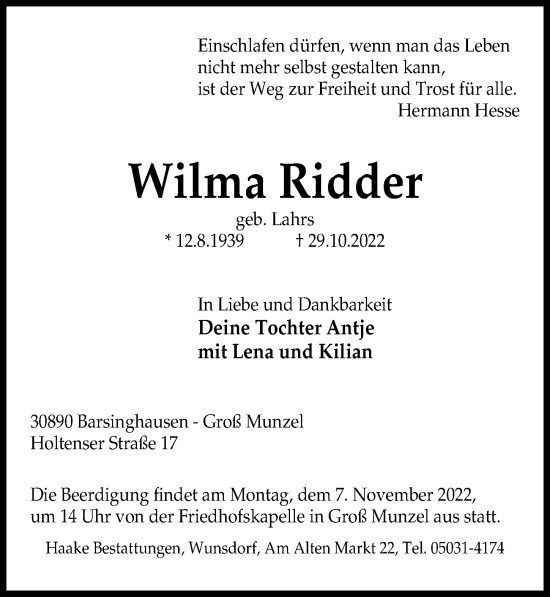 Traueranzeige von Wilma Ridder von Hannoversche Allgemeine Zeitung/Neue Presse