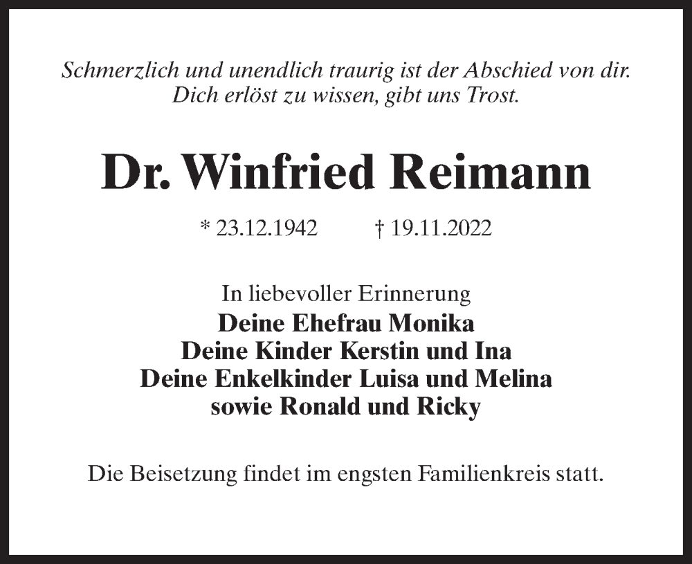  Traueranzeige für Winfried Reimann vom 26.11.2022 aus Märkischen Allgemeine Zeitung