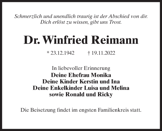 Traueranzeige von Winfried Reimann von Märkischen Allgemeine Zeitung