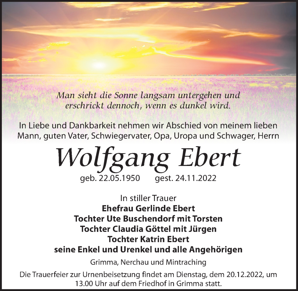  Traueranzeige für Wolfgang Ebert vom 26.11.2022 aus Leipziger Volkszeitung