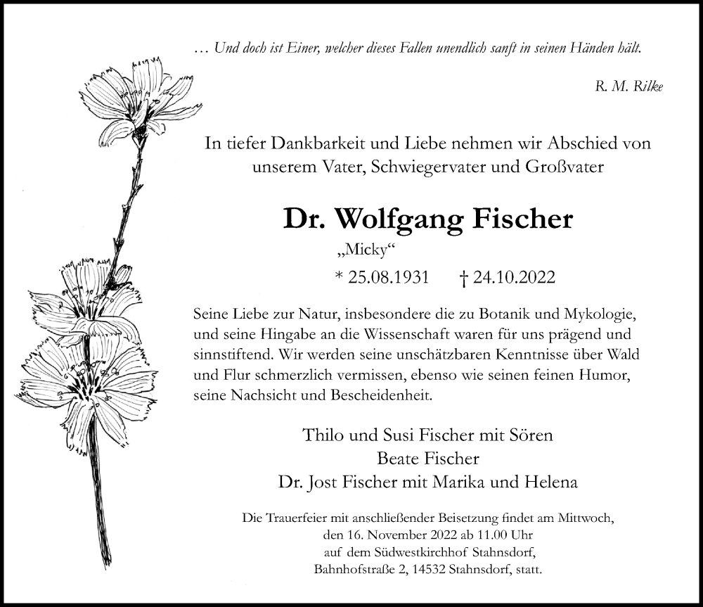  Traueranzeige für Wolfgang Fischer vom 05.11.2022 aus Märkischen Allgemeine Zeitung
