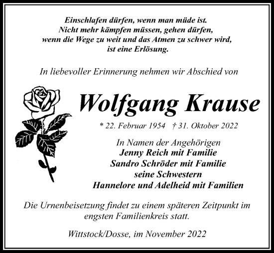 Traueranzeige von Wolfgang Krause von Märkischen Allgemeine Zeitung