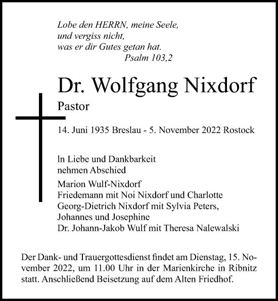 Traueranzeige von Wolfgang Nixdorf von Ostsee-Zeitung GmbH