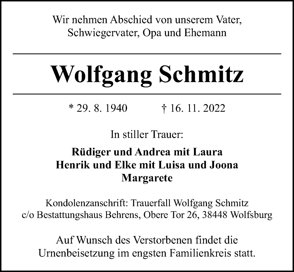  Traueranzeige für Wolfgang Schmitz vom 19.11.2022 aus Aller Zeitung
