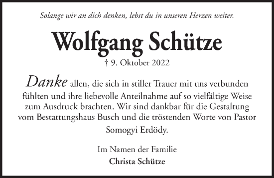 Traueranzeige von Wolfgang Schütze von Kieler Nachrichten