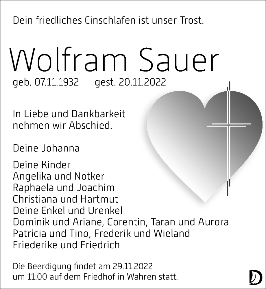 Traueranzeige für Wolfram Sauer vom 26.11.2022 aus Leipziger Volkszeitung