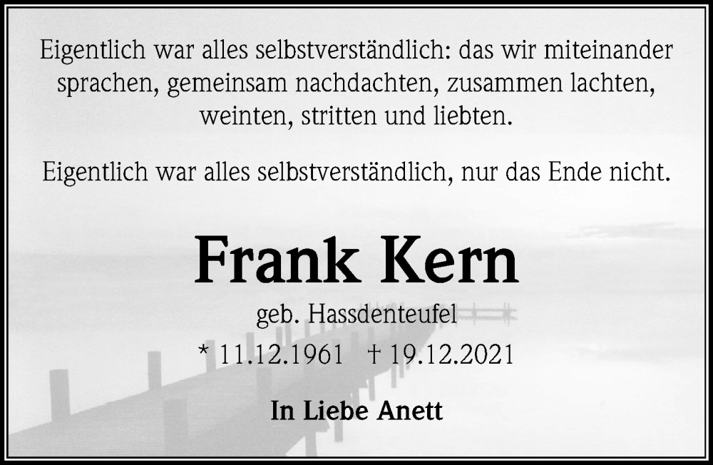 Traueranzeige für Frank Kern vom 17.12.2022 aus Aller Zeitung