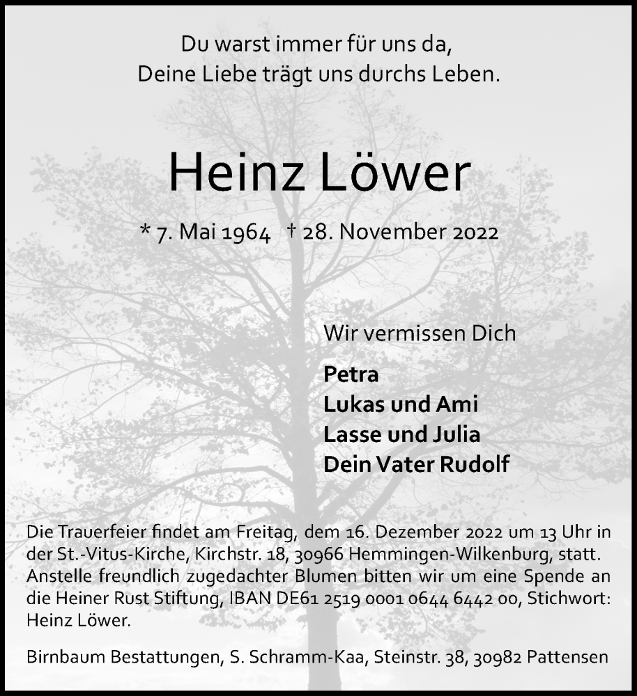  Traueranzeige für Heinz Löwer vom 03.12.2022 aus Hannoversche Allgemeine Zeitung/Neue Presse