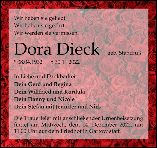 Traueranzeige von Dora Dieck von Märkischen Allgemeine Zeitung