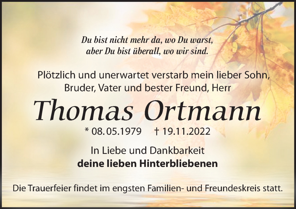  Traueranzeige für Thomas Ortmann vom 05.12.2022 aus 