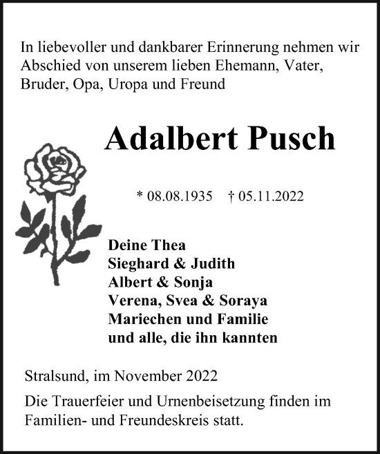 Traueranzeige von Adalbert Pusch von Ostsee-Zeitung GmbH