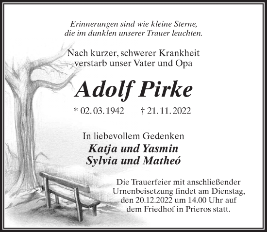 Traueranzeige von Adolf Pirke