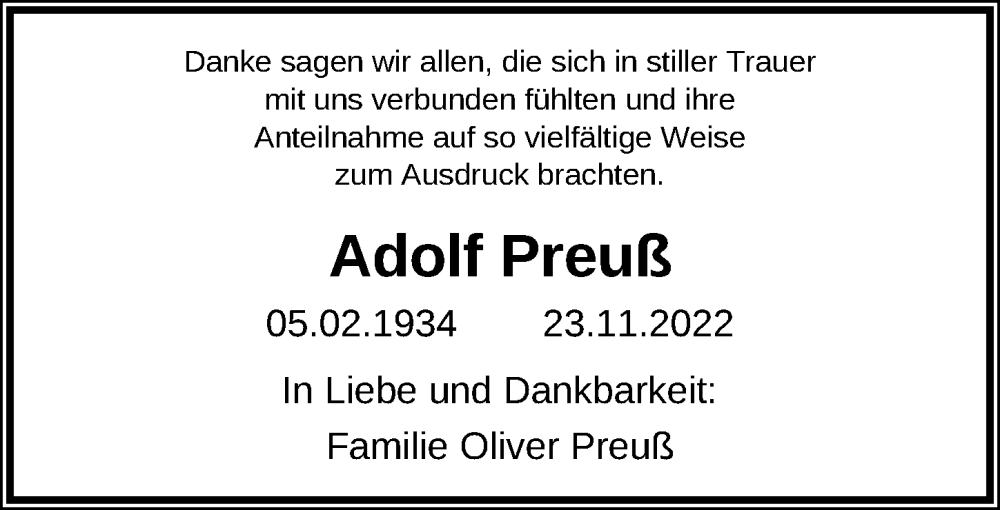  Traueranzeige für Adolf Preuß vom 31.12.2022 aus Ostsee-Zeitung GmbH