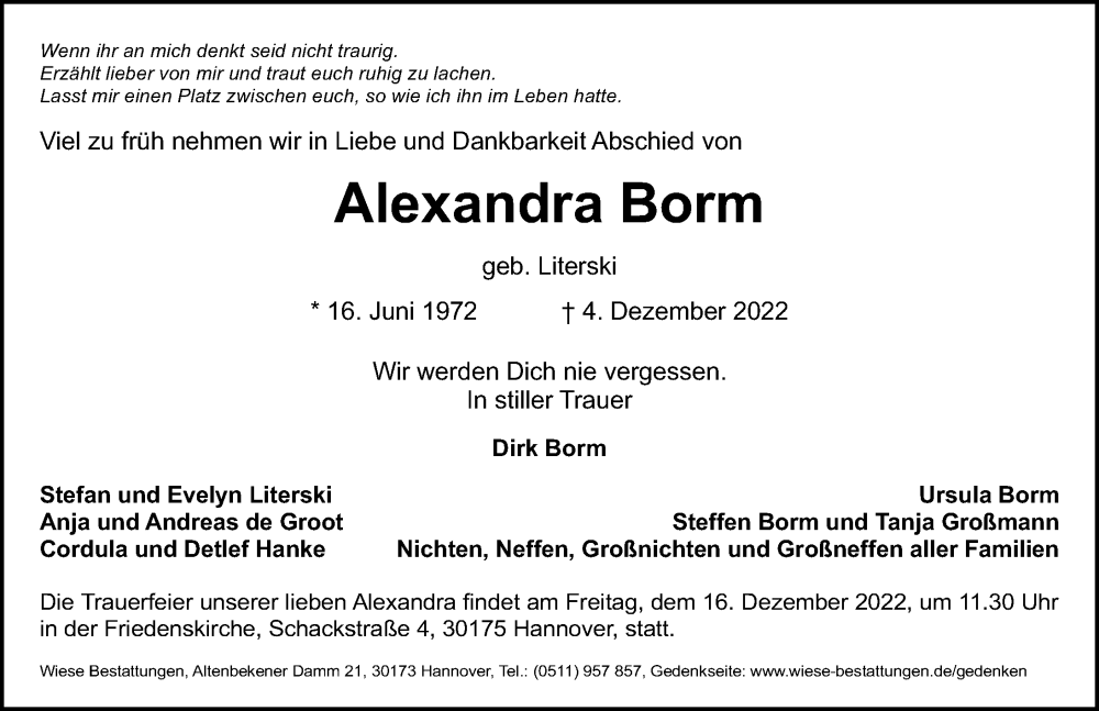  Traueranzeige für Alexandra Borm vom 10.12.2022 aus Hannoversche Allgemeine Zeitung/Neue Presse