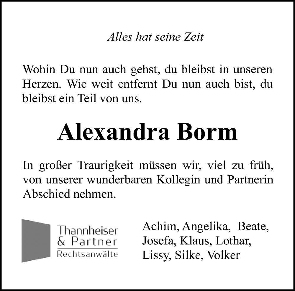  Traueranzeige für Alexandra Borm vom 10.12.2022 aus Hannoversche Allgemeine Zeitung/Neue Presse