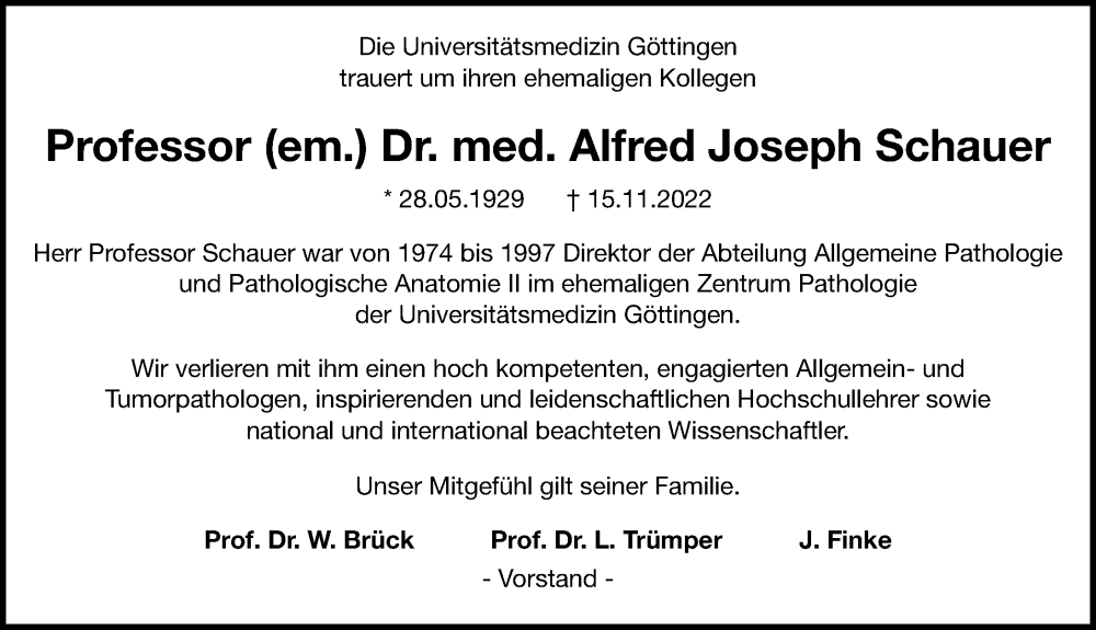  Traueranzeige für Alfred Joseph Schauer vom 03.12.2022 aus Göttinger Tageblatt