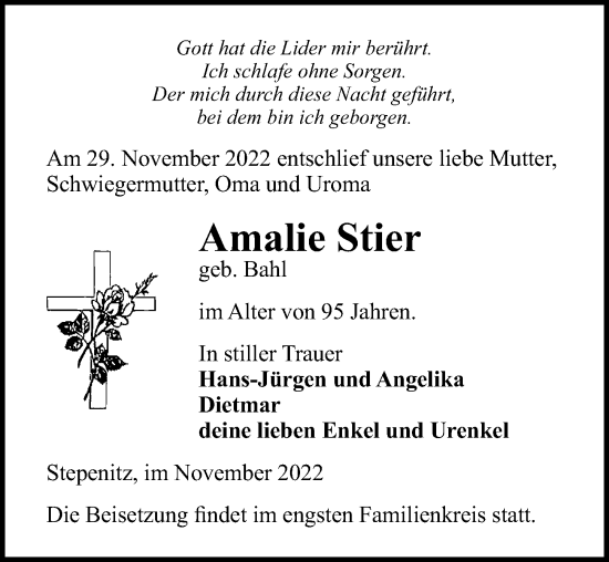 Traueranzeige von Amalie Stier von Märkischen Allgemeine Zeitung