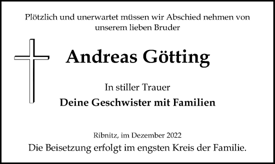 Traueranzeige von Andreas Götting von Ostsee-Zeitung GmbH