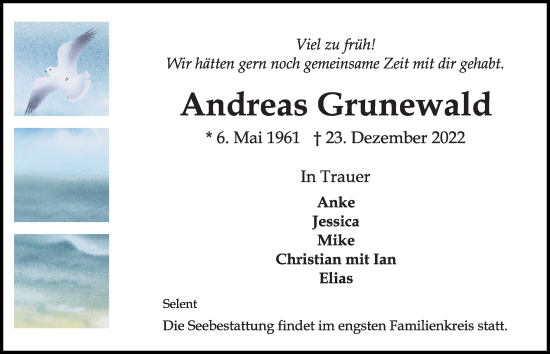 Traueranzeige von Andreas Grunewald von Kieler Nachrichten