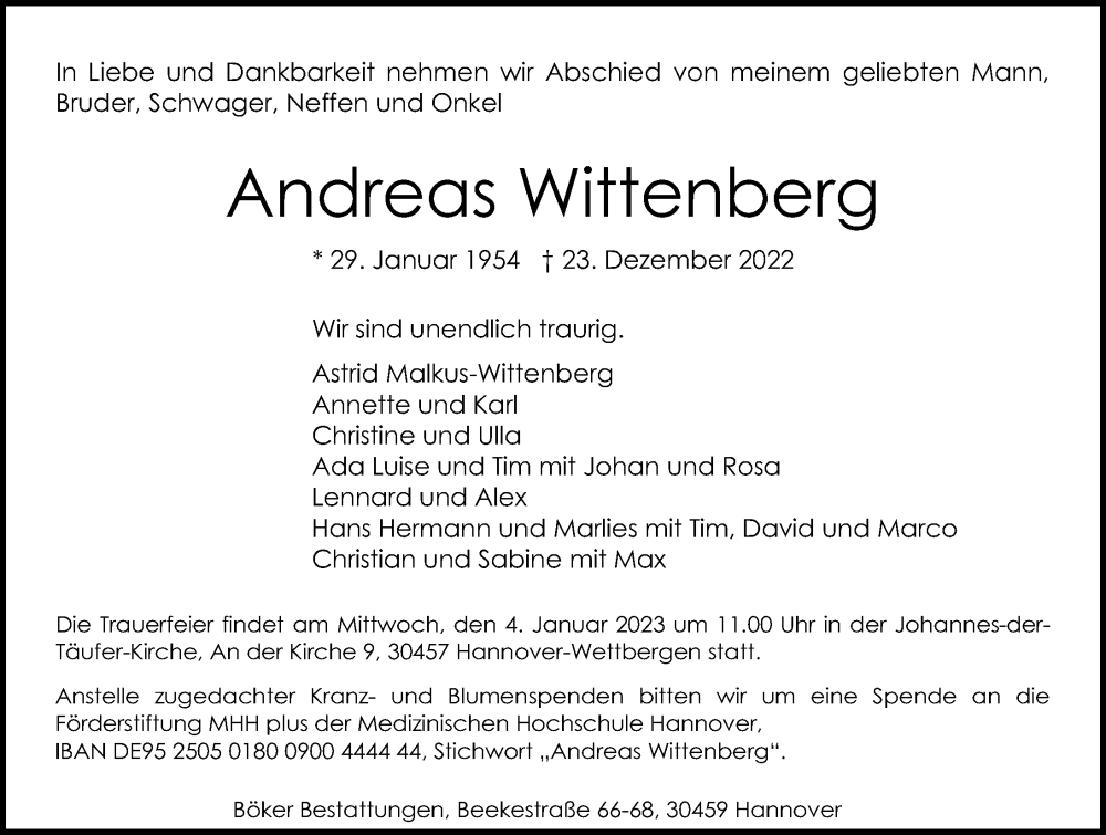  Traueranzeige für Andreas Wittenberg vom 31.12.2022 aus Hannoversche Allgemeine Zeitung/Neue Presse