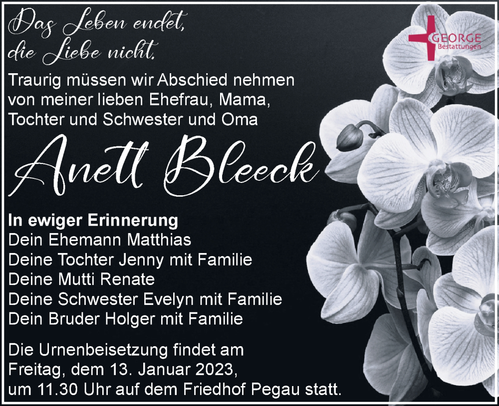 Traueranzeige für Anett Bleeck vom 24.12.2022 aus Leipziger Volkszeitung