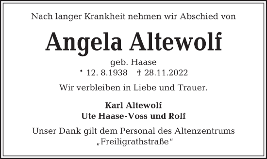 Traueranzeige von Angela Altewolf von Kieler Nachrichten