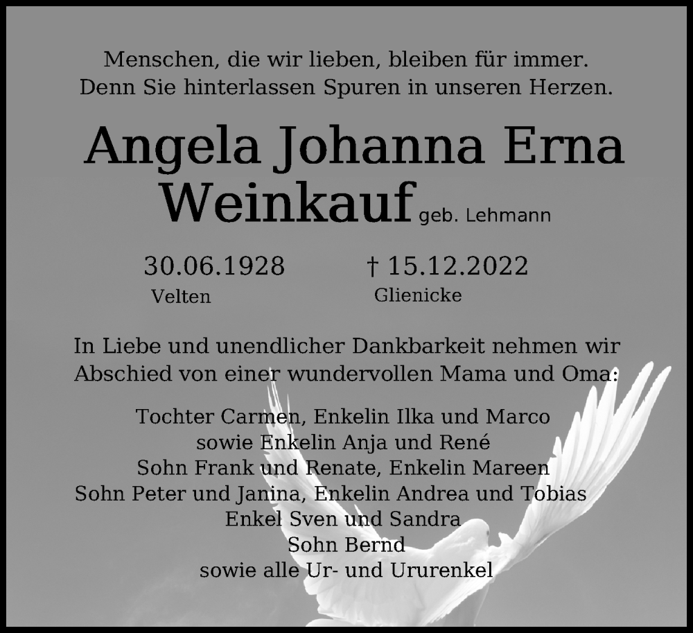 Traueranzeigen von Angela Johanna Erna Weinkau | trauer-anzeigen.de