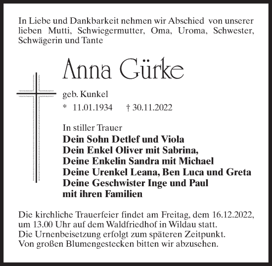 Traueranzeige von Anna Gürke von Märkischen Allgemeine Zeitung
