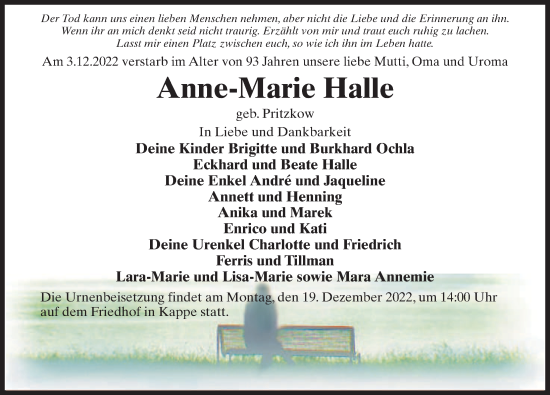 Traueranzeige von Anne-Marie Halle von Märkischen Allgemeine Zeitung