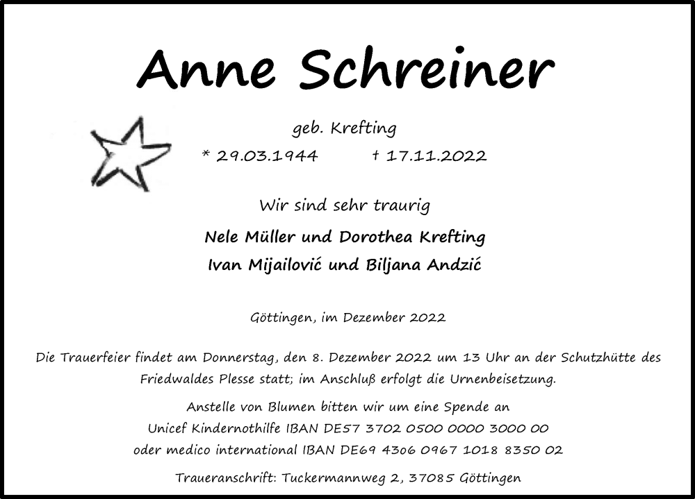  Traueranzeige für Anne Schreiner vom 03.12.2022 aus Göttinger Tageblatt