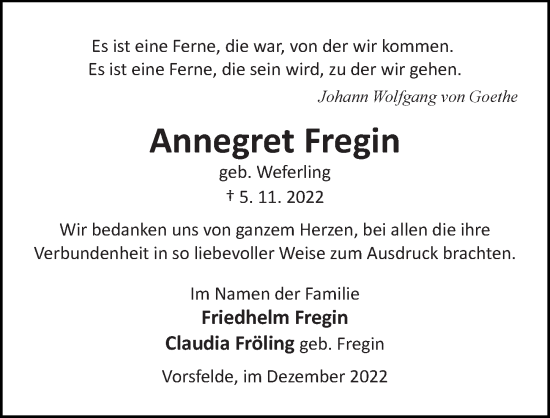 Traueranzeige von Annegret Fregin von Aller Zeitung