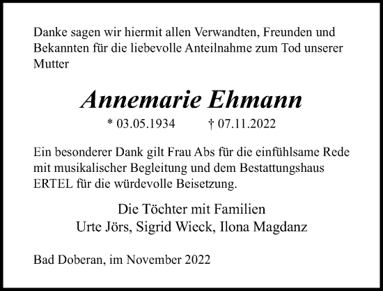 Traueranzeige von Annemarie Ehmann von Ostsee-Zeitung GmbH