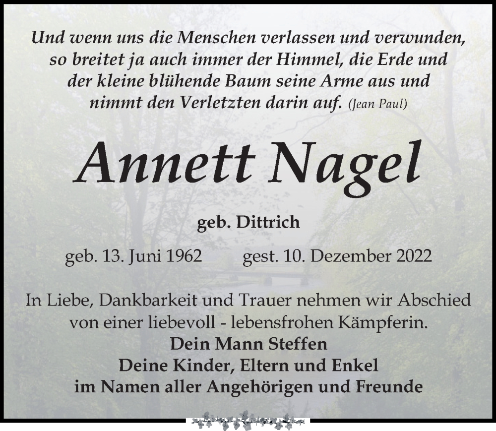  Traueranzeige für Annett Nagel vom 17.12.2022 aus Leipziger Volkszeitung